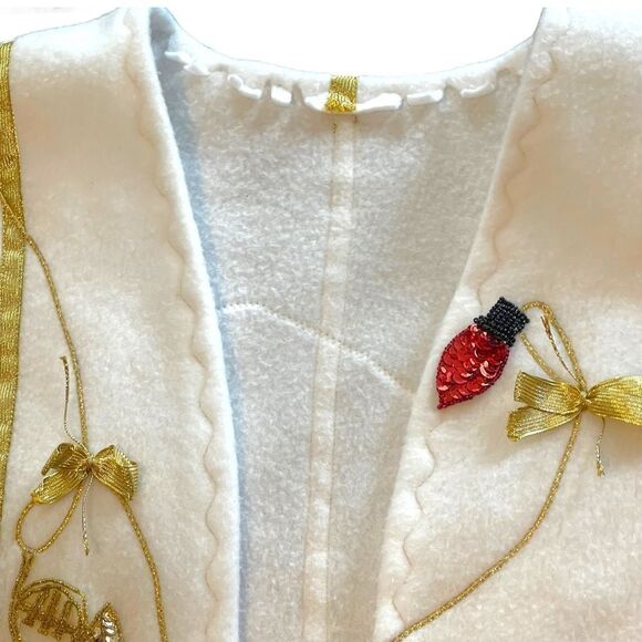 Hand Sewn Christmas Holiday Sequin Bead Ornament Gold Ribbon Fleece Jacket Top - Picture 11 of 16